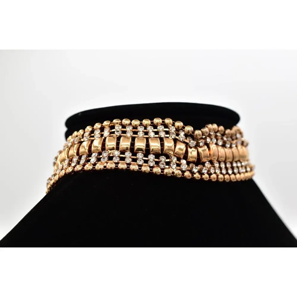 Vintage Crystal Choker Necklace Gold Tone Prong Rhinestone Chunky 1990s BinA17